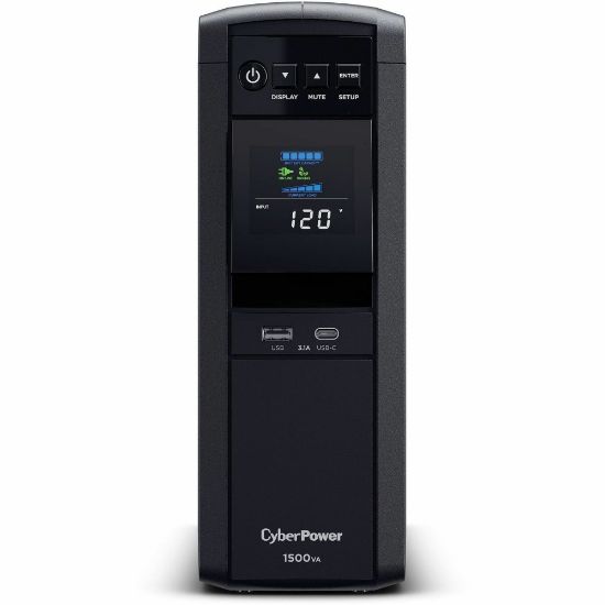 Picture of CyberPower CP1500PFCLCDTAA TAA Intelligent Compliant UPS Systems - 1500VA/900W, 120 VAC, NEMA 5-15P, Mini-Tower, Sine Wave, 10 Outlets, LCD, PowerPanel Personal, $500000 CEG, 3YR Warranty