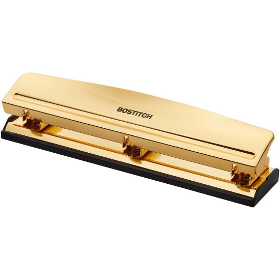 Picture of Bostitch 3-hole Punch - 3 Punch Head(s) - 12 Sheet - 9/32in Punch Size - Metal, Rubber - 2.5in x 10.6in - Yellow, Gold