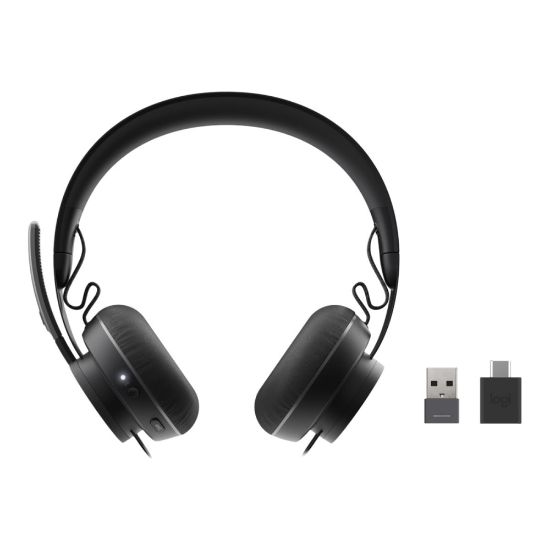 Picture of Logitech Zone Headset - Stereo - USB Type A, USB Type C - Wireless - Bluetooth - 98.4 ft - Over-the-head - Binaural - Noise Cancelling, Omni-directional, MEMS Technology Microphone - Noise Canceling - Black