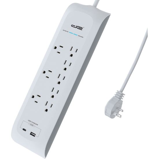 Picture of Digital Energy World 8-Outlet USB-A and USB-C Surge Protector Power Strip (White, 6-Foot Cord) - 8 x AC Power, 2 x USB - 1875 VA - 4200 J - 120 V AC Input - 6 ft