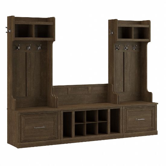 Picture of Bush Furniture Woodland 40inW Entryway Storage Set With Hall Trees And Shoe Bench With Drawers, Ash Brown, Standard Delivery