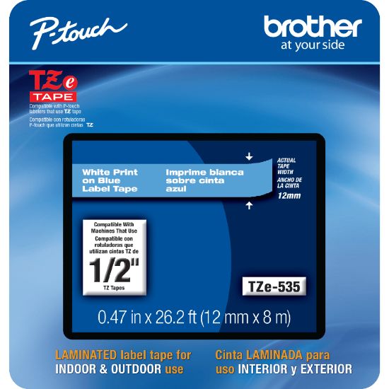 Picture of Brother TZE535CS Genuine P-Touch Laminated Label Tape, 1/2in x 26-1/4ft, White/Blue