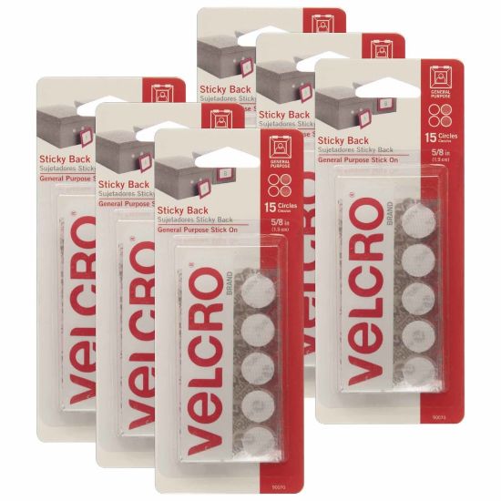 Picture of VELCRO Brand STICKY BACK Fasteners, Round, 0.63in, White, 15 Fasteners Per Pack, Set Of 6 Packs