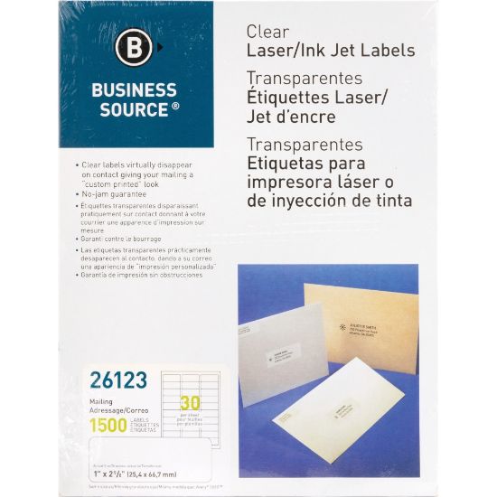 Picture of Business Source Mailing Address Labels - 1in Width x 2 3/4in Length - Permanent Adhesive - Rectangle - Laser - Clear - 30 / Sheet - 1500 / Pack - Self-adhesive