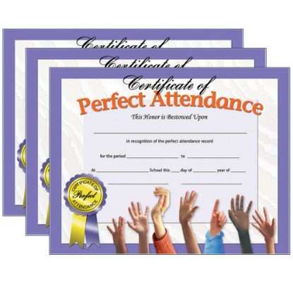 Picture of Hayes Certificates, 8-1/2in x 11in, Perfect Attendance, Hands, 30 Certificates Per Pack, Set Of 3 Packs