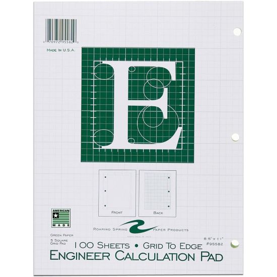 Picture of Roaring Spring 5x5 Grid Engineering Pad, 15# Green, 3 Hole Punched, 8.5in x 11in 100 Sheets, Green Paper Gride to Edge