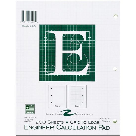 Picture of Roaring Spring 5x5 Grid Engineering Pad, 15# Green, 3 Hole Punched, 8.5in x 11in 200 Sheets, Green Paper Gride to Edge