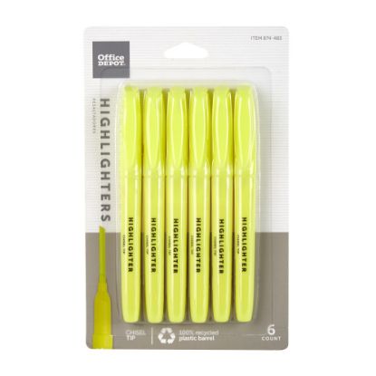 Picture of Office Depot Brand Pen-Style Highlighters, Chisel Point, 100% Recycled Plastic Barrel, Fluorescent Yellow, Pack Of 6