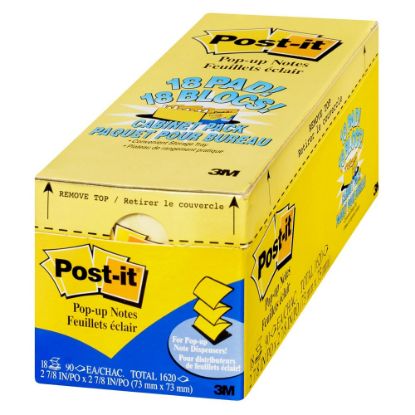 Picture of Post-it Pop-up Notes, 3in x 3in, Canary Yellow, 90 Sheets Per Pad, Pack Of 18 Pads