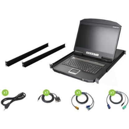 Picture of IOGEAR 18.5in Widescreen Short Depth 8-Port LCD KVM Switch (TAA Compliant) - 8 Computer(s) - 18.5in LCD - HD - 1366 x 768 - 4:3 - 2 x PS/2 Port - 2 x USB - Daisy Chain - Keyboard120 V AC, 230 V AC Input Voltage - 1U High - Metal, Plastic - TAA Compliant