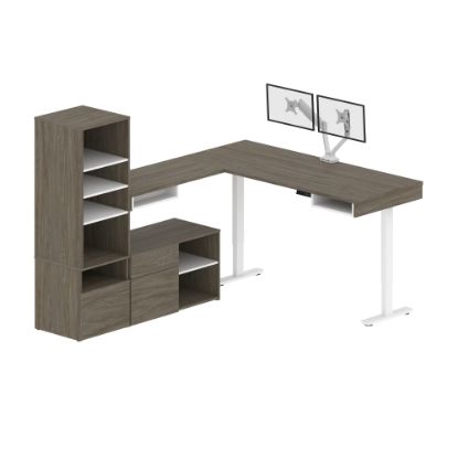 Picture of Bestar Viva 72inW L-Shaped Standing Corner Desk With Dual Monitor Arm And Storage, Walnut Gray/White