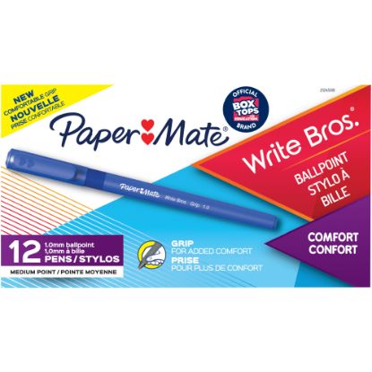 Picture of Paper Mate Write Bros Grip Ballpoint Pens, Medium Point, 1.0 mm, Blue Barrel, Blue Ink, Pack Of 12 Pens