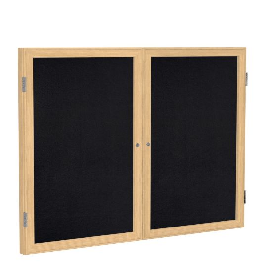 Picture of Ghent 2 Door Enclosed Recycled Rubber Bulletin Board, Oak Wood Frame, 48inH x 60inW, Black