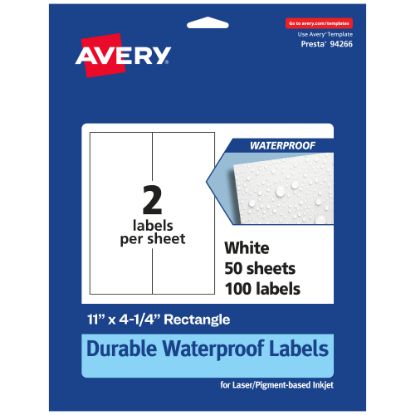 Picture of Avery Waterproof Permanent Labels, 94266-WMF50, Rectangle, 11in x 4-1/4in, White, Pack Of 100