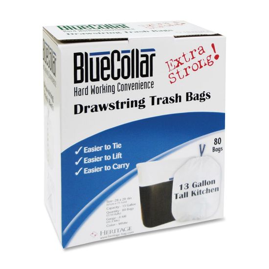 Picture of Heritage Drawstring Can Liners, 13 Gallon, 0.8 Mil, White, Box Of 80