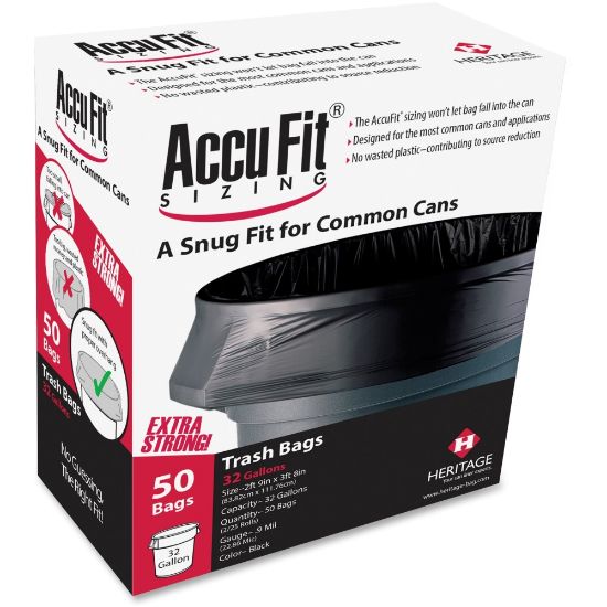 Picture of Heritage Accufit Can Liners, 32 Gallon, 0.9 Mil, Black, Box Of 50