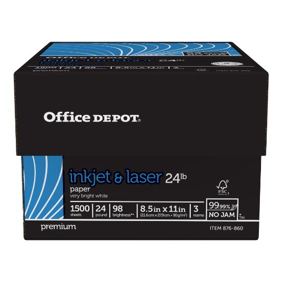 Picture of Office Depot Inkjet Or Laser Paper, White, Letter Size Paper, 500 Sheets Per Ream, Case Of 3 Reams, 24 Lb, 98 Brightness