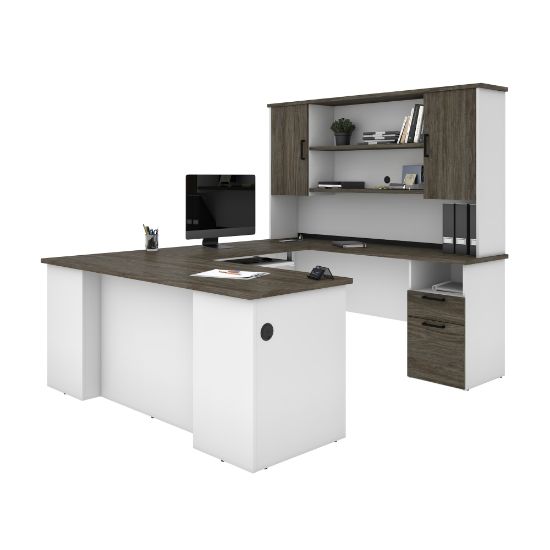 Picture of Bestar Norma 71inW U- Or L-Shaped Executive Corner Desk With Hutch, Walnut Gray/White