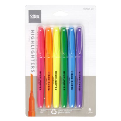 Picture of Office Depot Brand Pen-Style Highlighters, Chisel Point, 100% Recycled Plastic Barrel, Assorted Colors, Pack Of 6 Highlighters