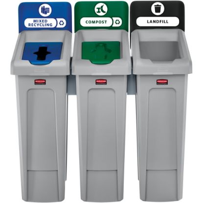 Picture of Rubbermaid Commercial Slim Jim Recycling Station - Black, Blue, Green - 1 Each