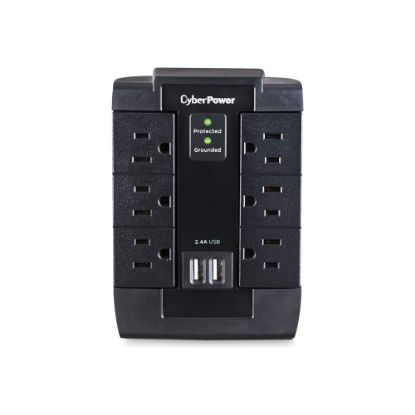 Picture of CyberPower CSP600WSU Professional 6 - Outlet Surge with 1200 J - Clamping Voltage 800V, NEMA 5-15P, Wall Tap, 2 - 2.4 Amps (Shared) USB, EMI/RFI Filtration, Black, Lifetime Warranty