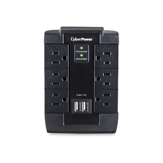 Picture of CyberPower CSP600WSU Professional 6 - Outlet Surge with 1200 J - Clamping Voltage 800V, NEMA 5-15P, Wall Tap, 2 - 2.4 Amps (Shared) USB, EMI/RFI Filtration, Black, Lifetime Warranty