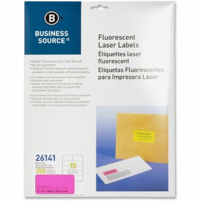 Picture of Business Source Neon Labels - 2in Width x 4in Length - Permanent Adhesive - Rectangle - Laser - Neon Pink - 10 / Sheet - 250 / Pack - Jam-free, Pressure Sensitive