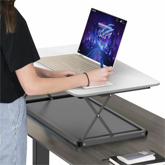 Picture of CHANGEdesk Mini White Laptop Standing Desk Converter & Single Monitor Sit Stand Up Desktop Riser - Thin, compact, simnple desktop desk lets you quickly flow between sitting and standing. 27.5x19.5in panel is perfect for laptops and single moniors.