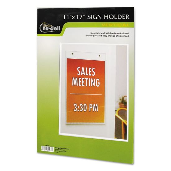 Picture of Nu-Dell Vertical Wall Sign Holder - 1 Each - 11in Width x 17in Height - Rectangular Shape - Pre-drilled - Acrylic - Clear