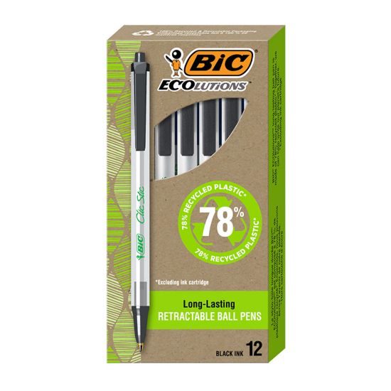 Picture of BIC Ecolutions Clic Stic Retractable Ballpoint Pens, Medium Point, 1.0 mm, Clear Barrel, Black Ink, Pack Of 12