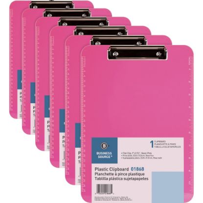 Picture of Business Source Flat Clip Plastic Clipboard - 9in x 12in - Plastic - Neon Pink - 6 / Bundle