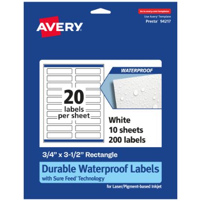 Picture of Avery Waterproof Permanent Labels With Sure Feed, 94217-WMF10, Rectangle, 3/4in x 3-1/2in, White, Pack Of 200