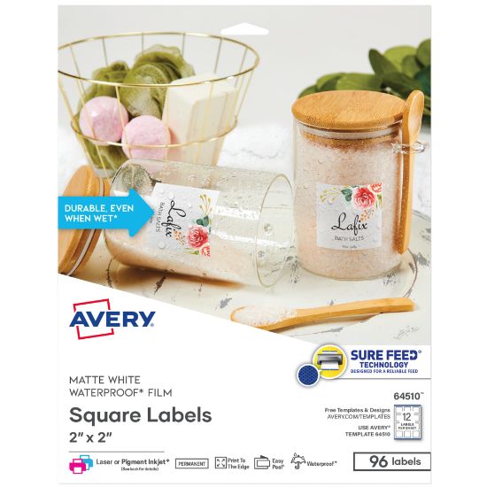 Picture of Avery Durable Oil-Resistant Waterproof Print-to-the-Edge Labels With Sure Feed Technology, 64510, 2in x 2in, White, Square, Pack Of 96 Labels