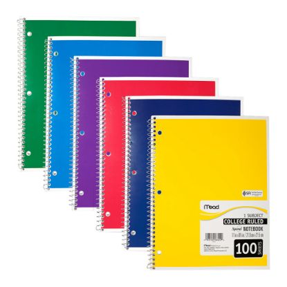 Picture of Mead Spiral Notebook, 8in x 11in, 1 Subject, College Ruled, 200 Pages (100 Sheets), Assorted Colors