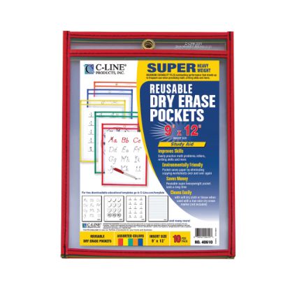 Picture of C Line Reusable Dry-Erase Pockets, 9in x 12in, Assorted Colors, Pack Of 10