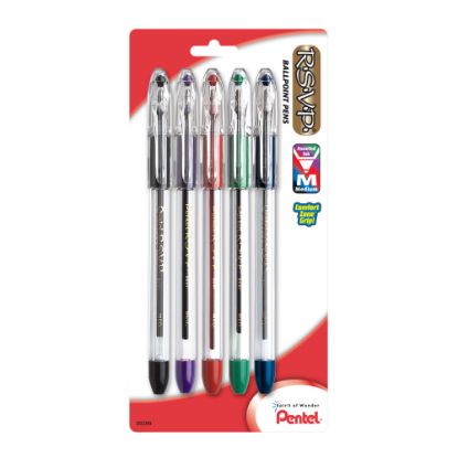 Picture of Pentel R.S.V.P. Ballpoint Pens, Fine Point, 0.7 mm, Clear Barrel, Assorted Ink Colors, Pack Of 5