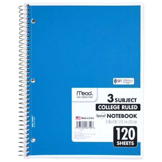 Picture of Mead Wirebound Notebook, 8 1/2in x 11in, 3 Subject, College Ruled, 120 Sheets, Assorted Colors