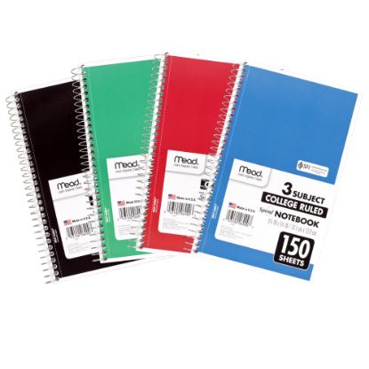 Picture of Mead Wirebound Notebook, 6in x 9 1/2in, 3 Subject, College Ruled, 300 Pages (150 Sheets), Assorted Colors