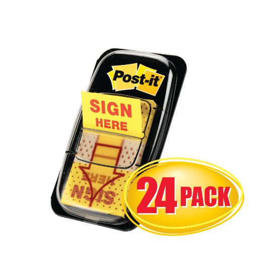 Picture of Post-it Message Flags, "Sign Here", 1in x 1-11/16in, Yellow, 50 Flags Per Pad, Pack Of 24 Pads