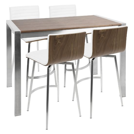 Picture of Lumisource Mason Contemporary Counter Table With 4 Counter Stools, Stainless Steel/Walnut/White