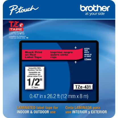 Picture of Brother TZE431CS Genuine P-Touch Laminated Label Tape, 1/2in x 26-1/4ft, Black/Red