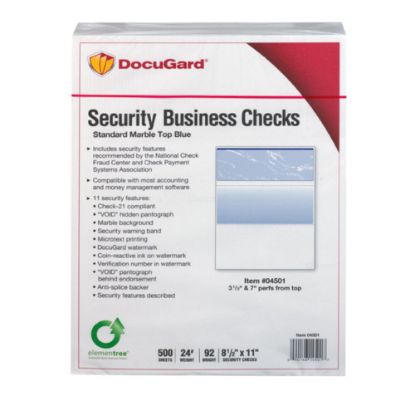 Picture of DocuGard Security Business Checks - Letter - 8 1/2in x 11in - 24 lb Basis Weight - Smooth - 500 / Ream - Erasure Protection, Watermarked - Marble Blue