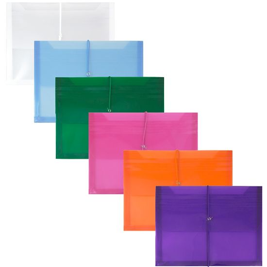 Picture of JAM Paper Letter Booklet Plastic Envelopes, 9-3/4in x 13in, Elastic Closure, Assorted Colors, Pack Of 6 Envelopes