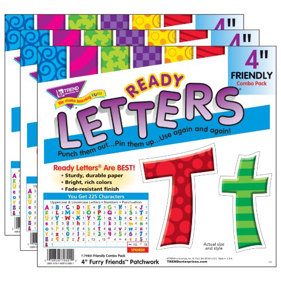 Picture of TREND Ready Letters, 4in, Friendly Combo, Patchwork Furry Friends, Set Of 3 Packs