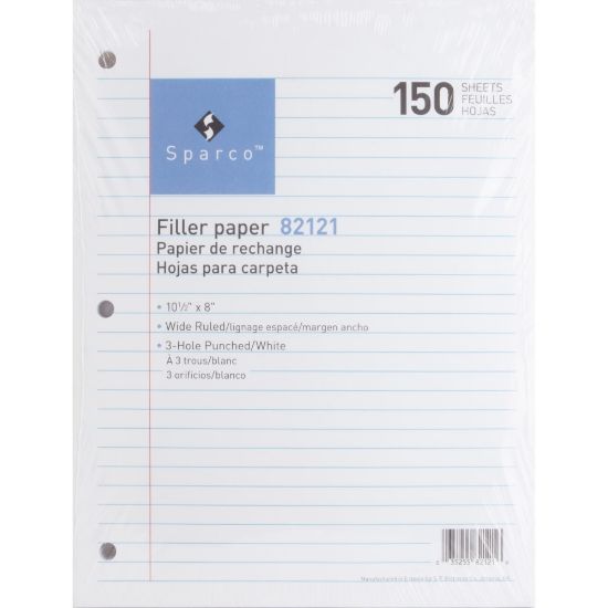 Picture of Sparco Standard White 3HP Filler Paper - 150 Sheets - Wide Ruled - Ruled Red Margin - 16 lb Basis Weight - 8in x 10 1/2in - White Paper - Bleed-free - 150 / Pack