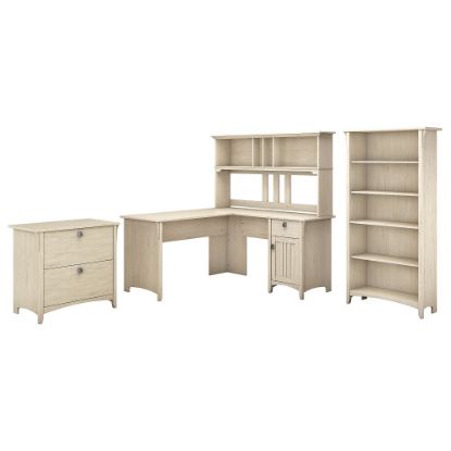 Picture of Bush Furniture Salinas 60inW L Shaped Desk with Hutch, Lateral File Cabinet and 5 Shelf Bookcase, Antique White, Standard Delivery