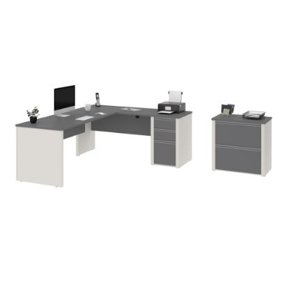 Picture of Bestar Connexion 72inW L-Shaped Corner Desk With Lateral File Cabinet, Slate/Sandstone