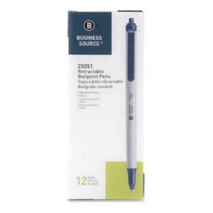 Picture of Business Source Retractable Ballpoint Pens - Medium Pen Point - Retractable - Blue - Gray Barrel - 1 Dozen