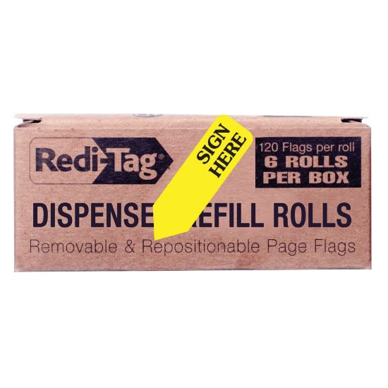 Picture of Redi-Tag Sign Here Arrow Flags Dispenser Refills - 720 x Yellow - 1.88in x 0.56in - "SIGN HERE" - Yellow - Removable, Self-adhesive - 6 / Box