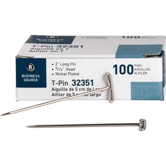 Picture of Business Source High Quality Steel T-pins - 0.56in Head - 2in Length x 0.6in Width - 100 / Box - Silver - Steel